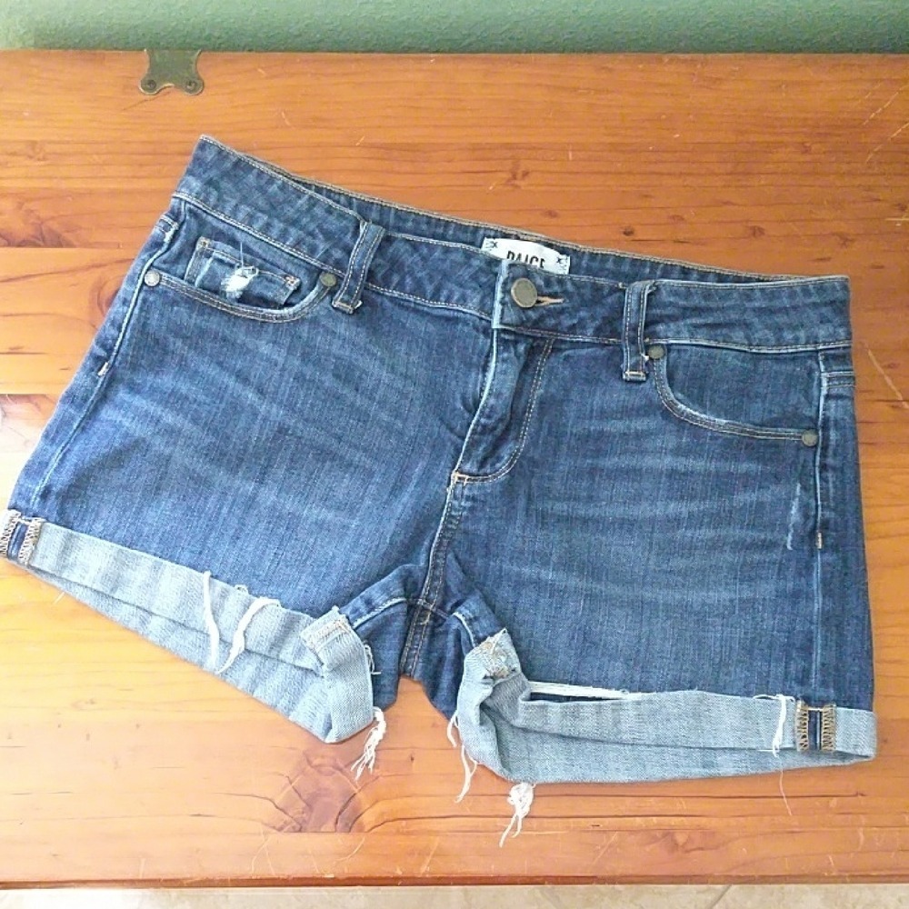 Paige Womens Size 27 Blue Cuffed Denim Shorts Medium Wash Distressed
